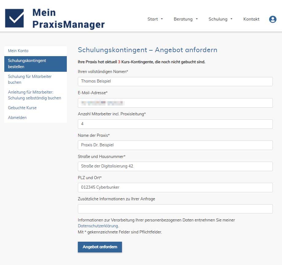 Bildschirmfoto: Kurskontingent anfordern