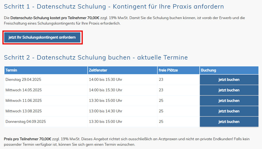 Bildschirmfoto: Kontingent für Praxis anfordern